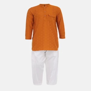 Orange Textured Viscose-Cotton Panjabi Pajama Set